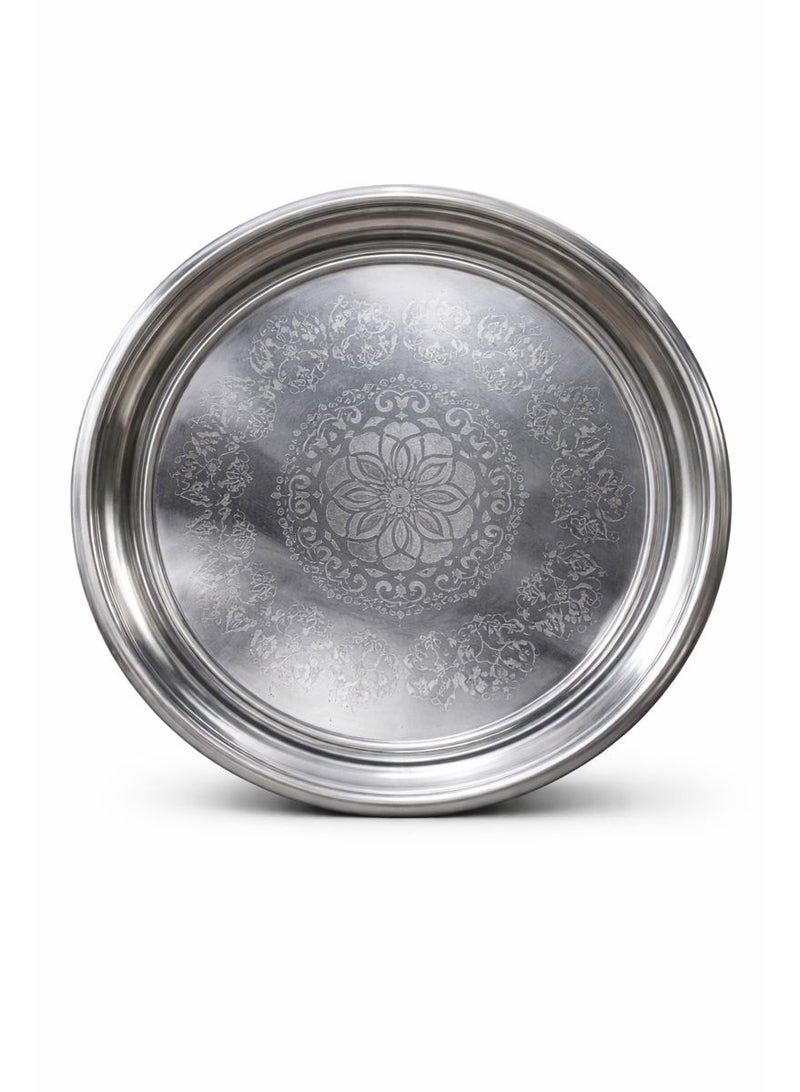 Large Round Stainless Steel Serving Tray with Etched Floral Design - Silver Metal Platter for Tea, Coffee & Dinner - Traditional Arabic Style - Image 1